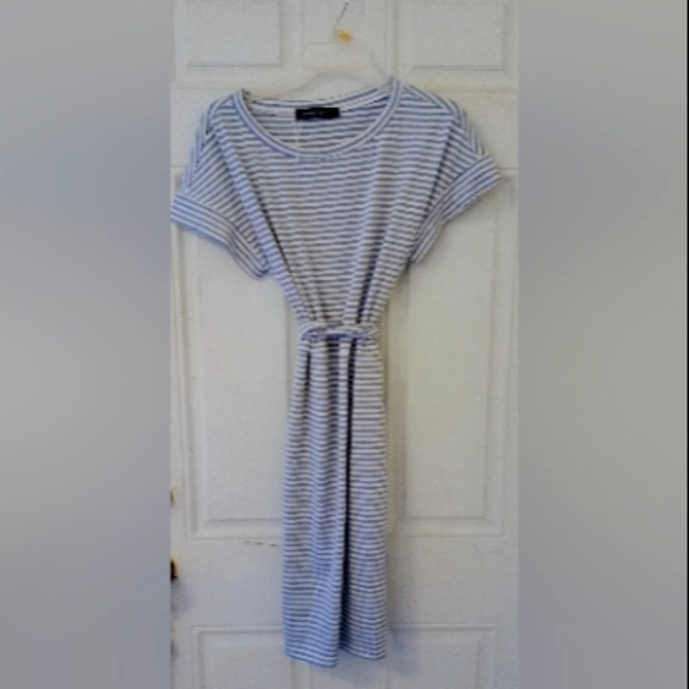 Women's Merokeety Size Large Blue & White Striped Pocketed Midi Dress
